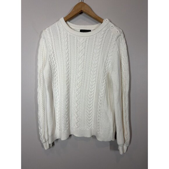 Banana Republic White Cable Knit Sweater Size L Button Shoulder Classic Cozy - Picture 1 of 9